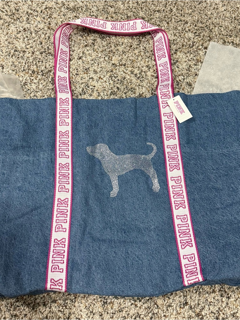 PINK Victoria's Secret Denim Tote with Pink Logo Straps and Rhinestone Dog